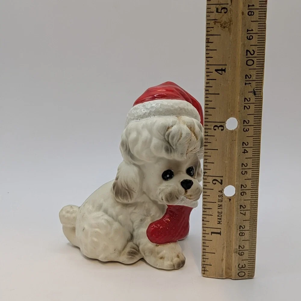 Vintage Josef Original Christmas White Poodle Dog Ceramic Figurine Santa Hat
